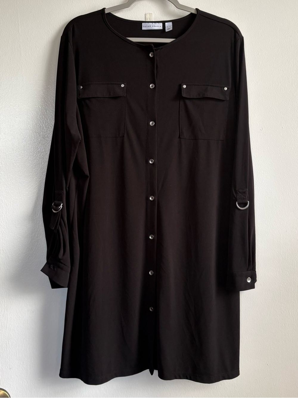 Susan Graver Black Solid Knit Long Sleeve Button Front Shirt Dress Womens XL